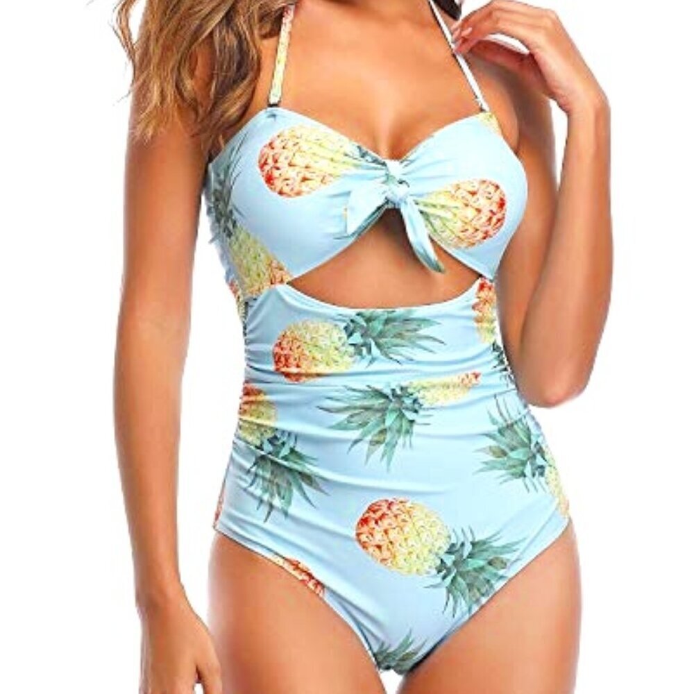 TEMPT ME YELLOW PINEAPPLE BLUE CUT-OUT HALTER MONOKINI SWIMSUIT SIZE SMALL NWT